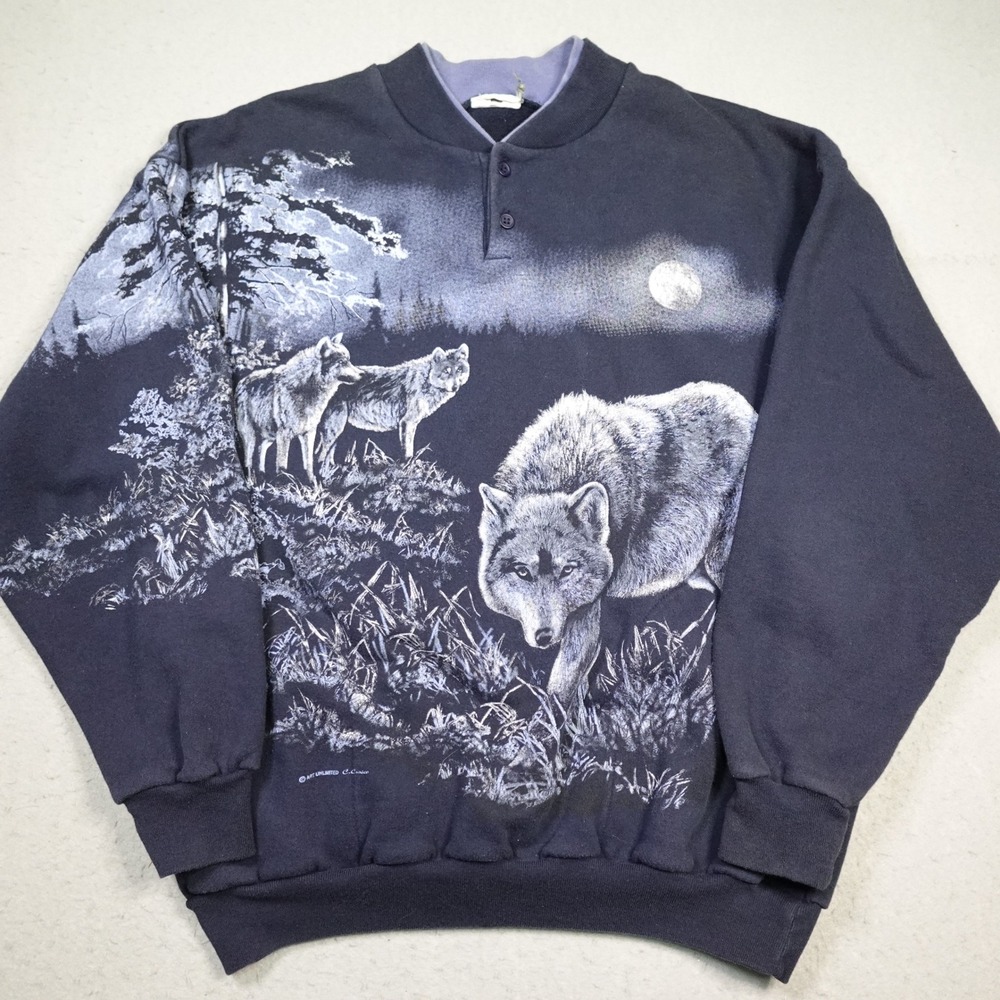 Vintage Wolf Graphic Sweatshirt Mens Large Black Art Unlimited Henley Pullover